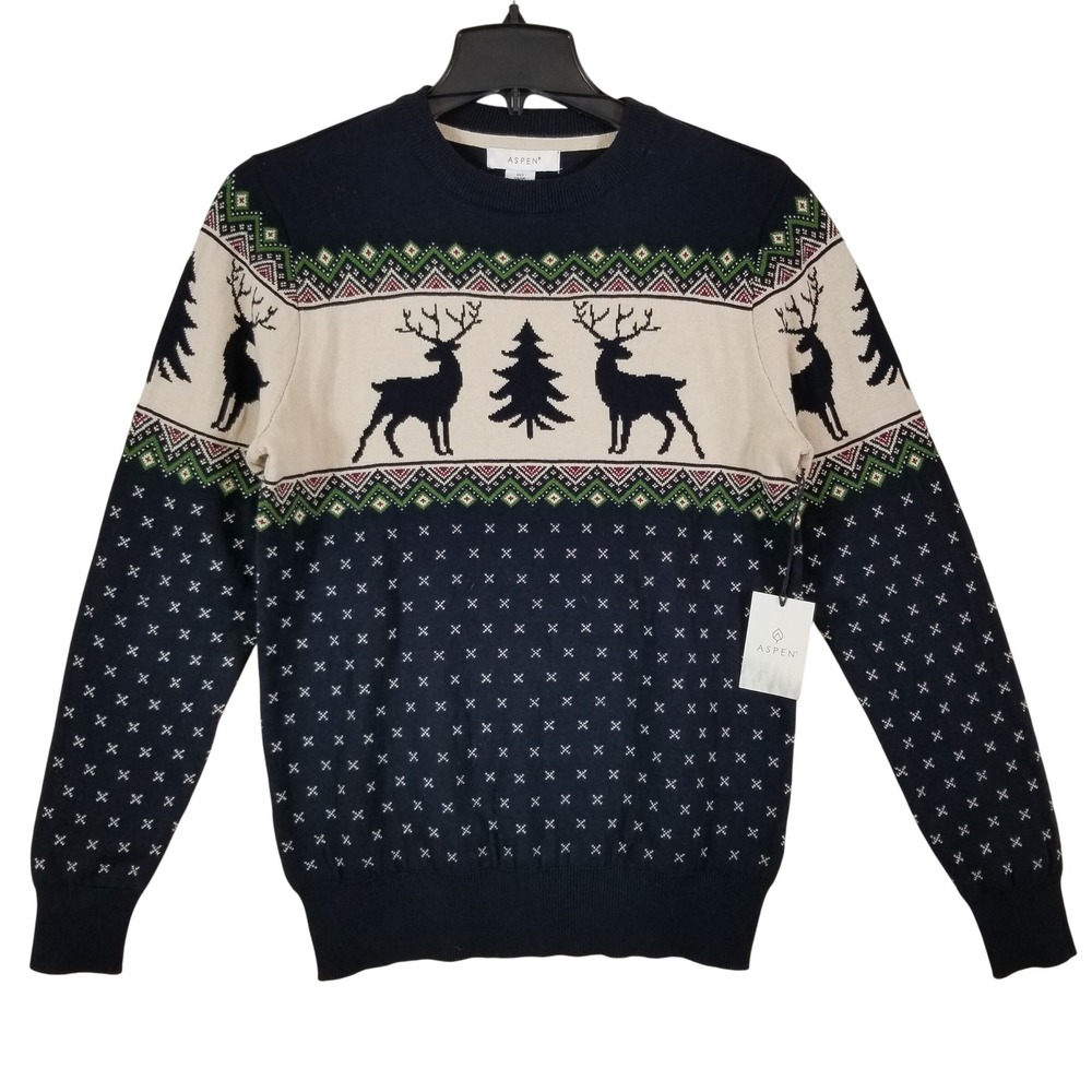 Aspen Mens‎ Christmas Reindeer Fair Isle Cotton Sweater Navy Blue Small NWT